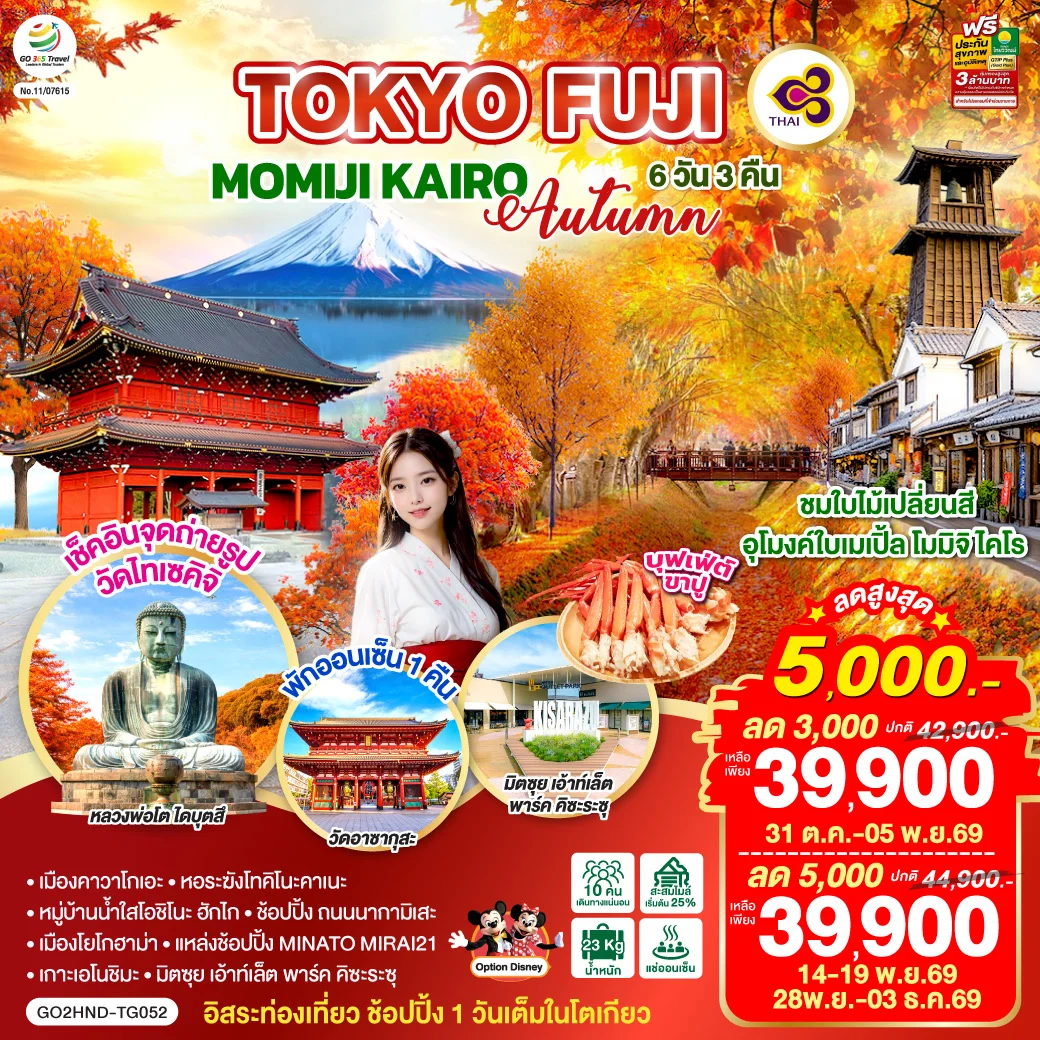 ทัวร์ญี่ปุ่น TOKYO FUJI MOMIJO KAIRO AUTUMN 6วัน 3คืน (TG)